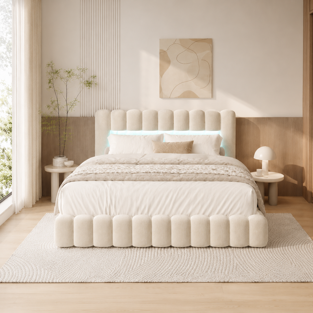 Lit coffre beige 160x200 capitonné avec sommier relevable et tête de lit rembourrée avec LED — Coffrelia Elora