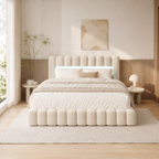 Lit coffre beige 160x200 capitonné avec sommier relevable et tête de lit rembourrée avec LED — Coffrelia Elora