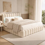 Lit coffre beige 160x200 capitonné avec sommier relevable et tête de lit rembourrée avec LED — Coffrelia Elora