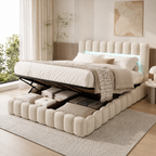 Lit coffre beige 160x200 capitonné avec sommier relevable et tête de lit rembourrée avec LED — Coffrelia Elora