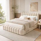 Lit coffre beige 160x200 capitonné avec sommier relevable et tête de lit rembourrée avec LED — Coffrelia Elora