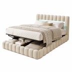 Lit coffre beige 160x200 capitonné avec sommier relevable et tête de lit rembourrée avec LED — Coffrelia Elora