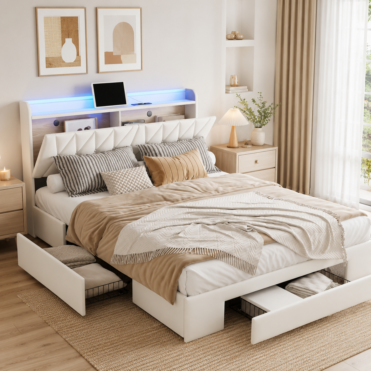 Lit coffre 160x200 rembourré avec 3 tiroirs, tête de lit rangement LED et USB — Coffrelia Noria
