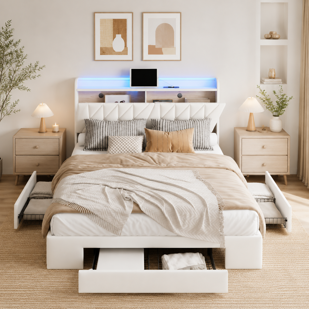 Lit coffre 160x200 rembourré avec 3 tiroirs, tête de lit rangement LED et USB — Coffrelia Noria