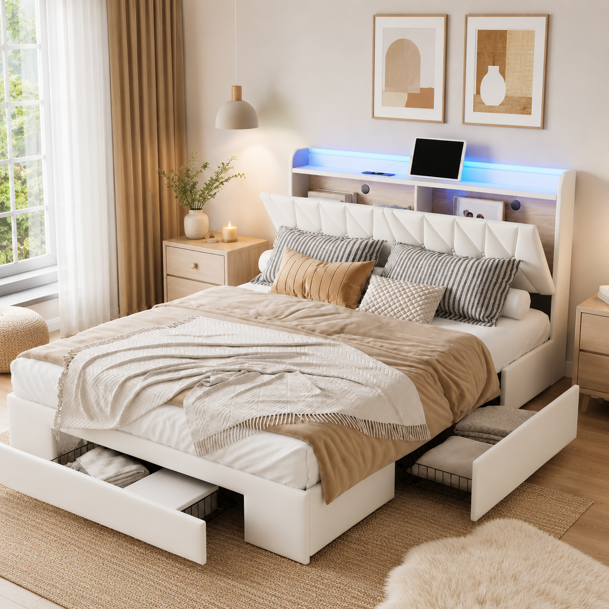 Lit coffre 160x200 rembourré avec 3 tiroirs, tête de lit rangement LED et USB — Coffrelia Noria