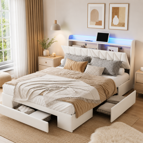 Lit coffre 160x200 rembourré avec 3 tiroirs, tête de lit rangement LED et USB — Coffrelia Noria