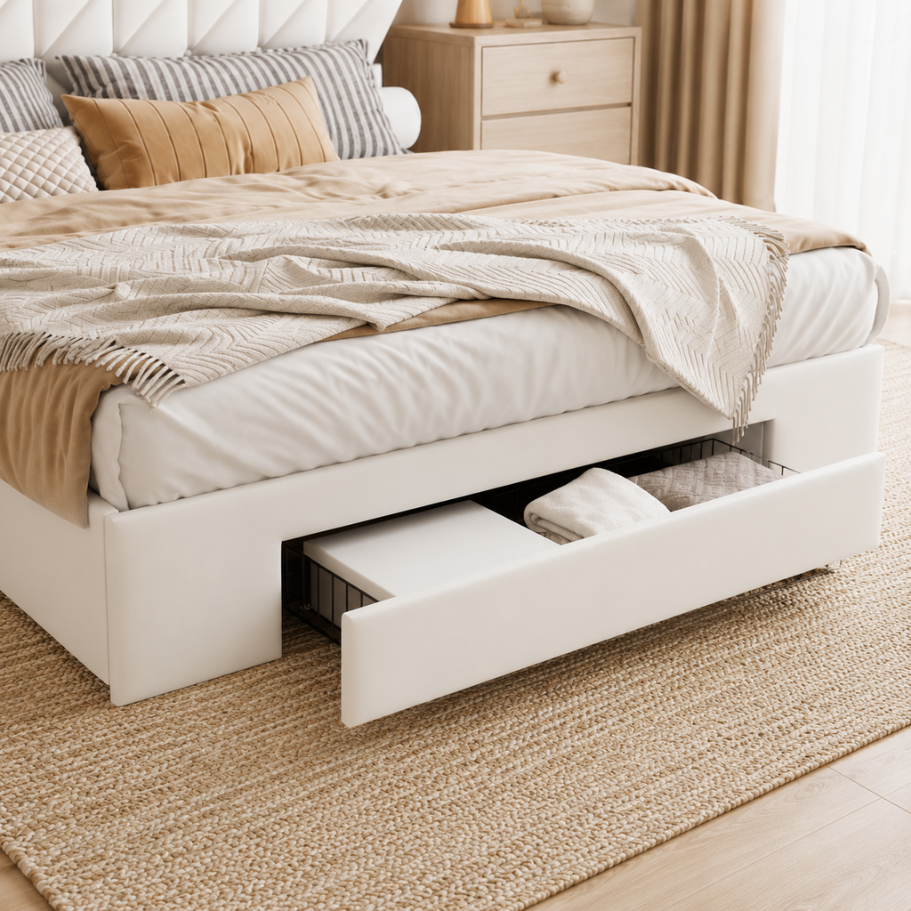 Lit coffre 160x200 rembourré avec 3 tiroirs, tête de lit rangement LED et USB — Coffrelia Noria