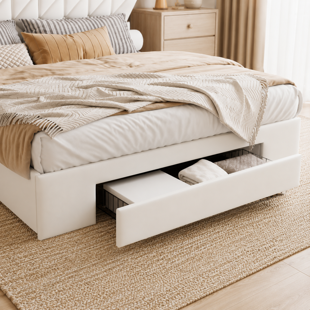 Lit coffre 160x200 rembourré avec 3 tiroirs, tête de lit rangement LED et USB — Coffrelia Noria