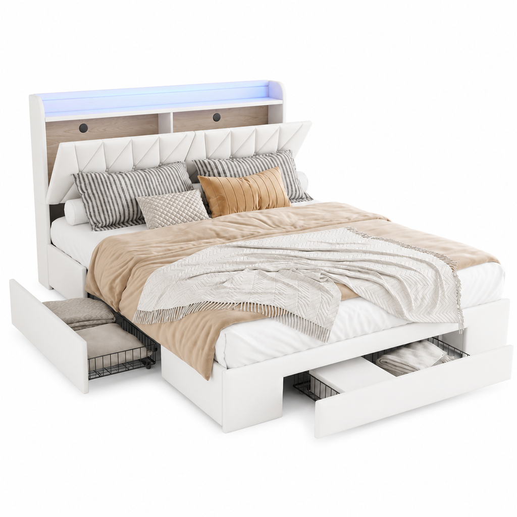 Lit coffre 160x200 rembourré avec 3 tiroirs, tête de lit rangement LED et USB — Coffrelia Noria