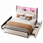 Lit coffre 160x200 beige avec sommier relevable et grand rangement intégré — Coffrelia Nova