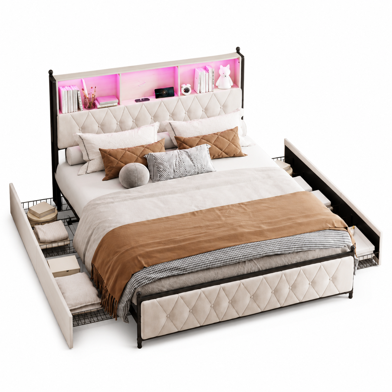 Lit coffre 160x200 beige avec sommier relevable et grand rangement intégré — Coffrelia Nova