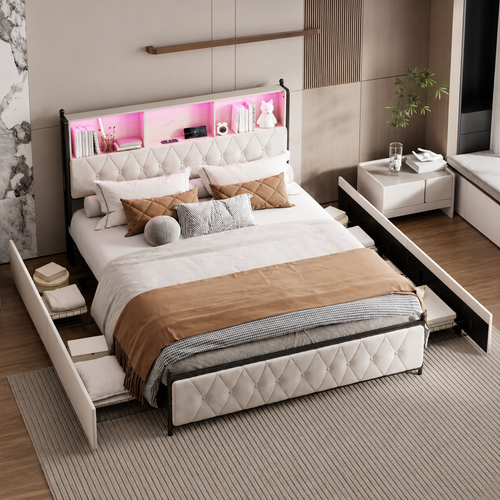 Lit coffre 160x200 beige avec sommier relevable et grand rangement intégré — Coffrelia Nova