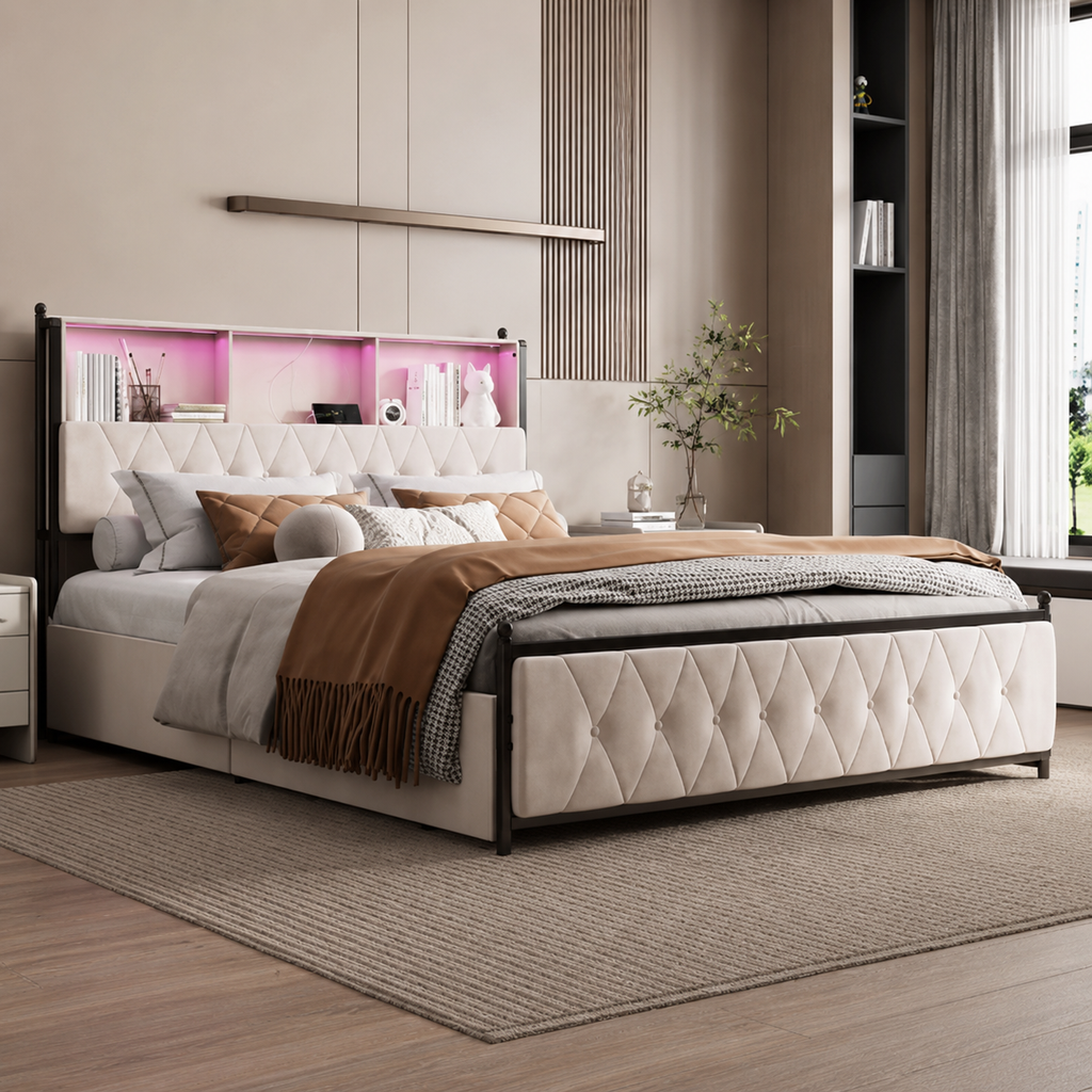 Lit coffre 160x200 beige avec sommier relevable et grand rangement intégré — Coffrelia Nova