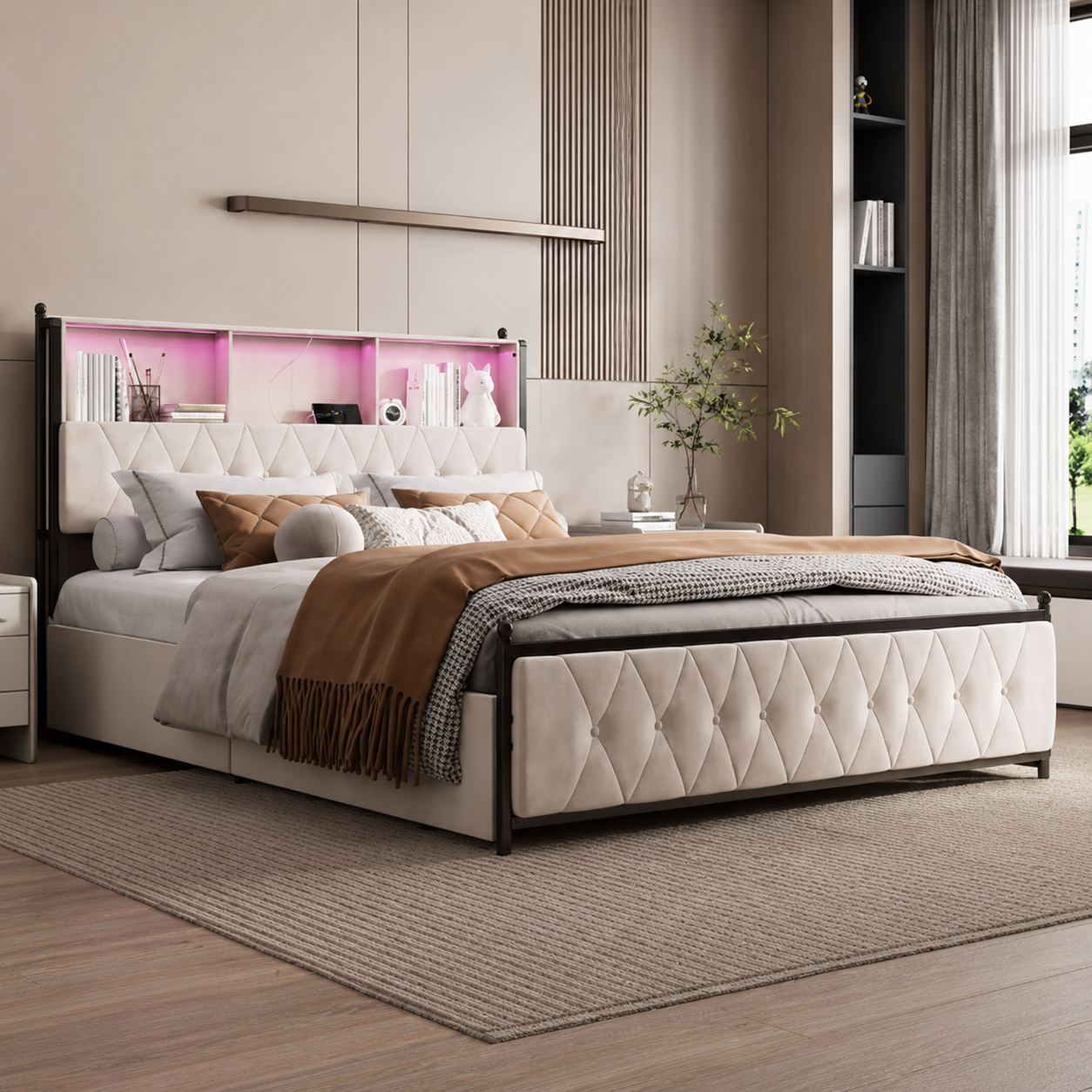 Lit coffre 160x200 beige avec sommier relevable et grand rangement intégré — Coffrelia Nova