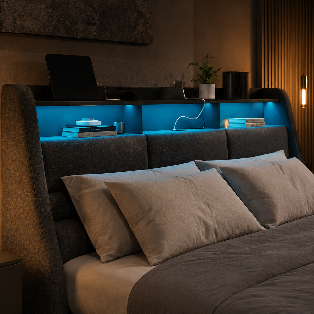 Lit coffre 160x200 rembourré avec sommier relevable, tête de lit rangement LED et USB — Coffrelia Neora