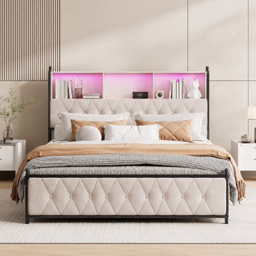 Lit coffre 160x200 beige avec sommier relevable et grand rangement intégré — Coffrelia Nova