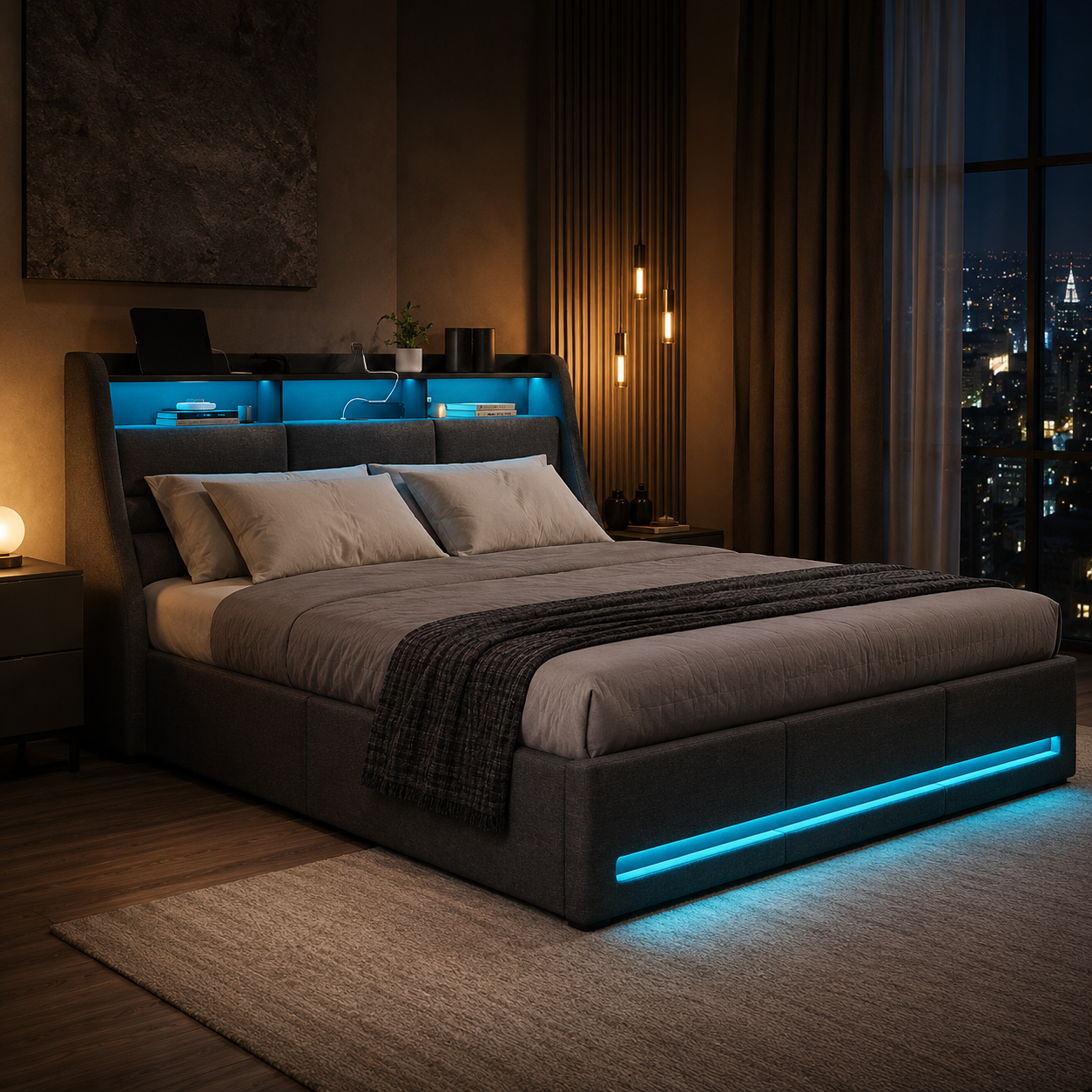 Lit coffre 160x200 rembourré avec sommier relevable, tête de lit rangement LED et USB — Coffrelia Neora