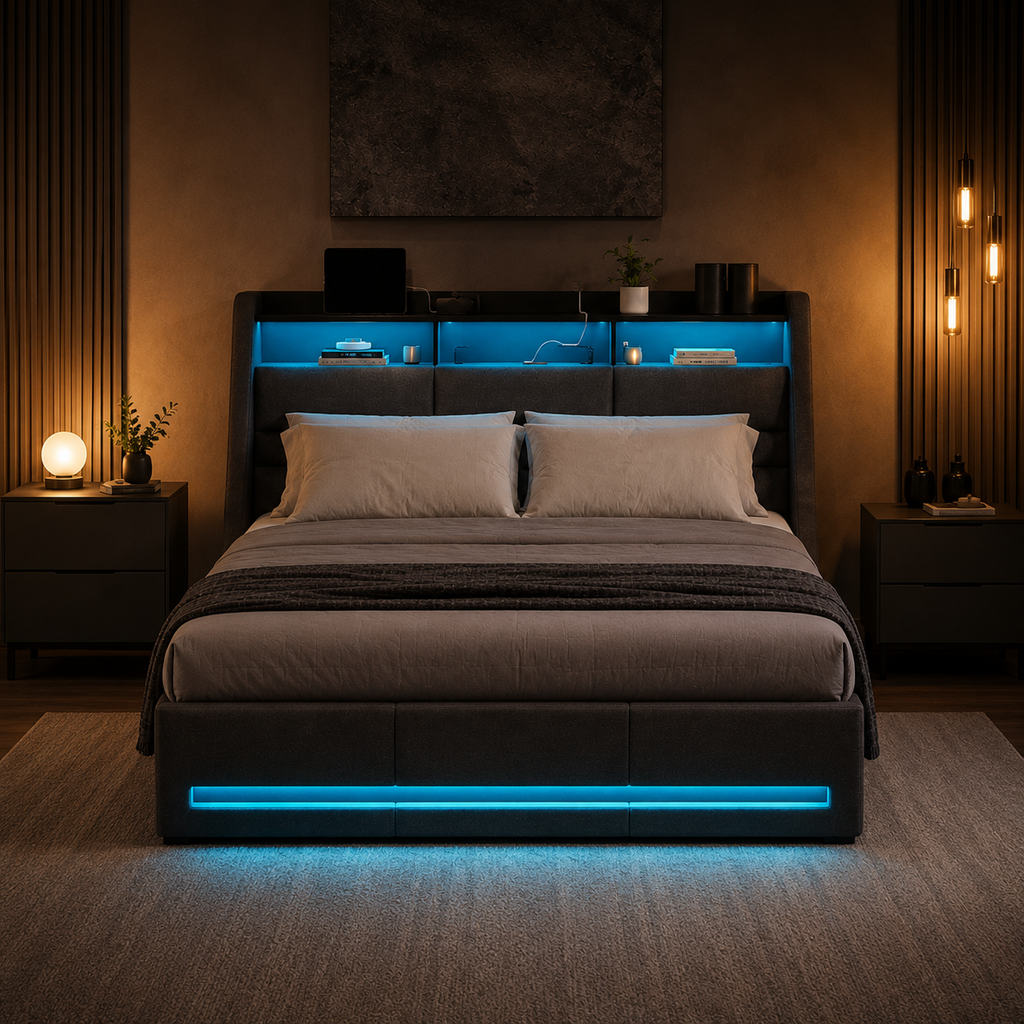 Lit coffre 160x200 rembourré avec sommier relevable, tête de lit rangement LED et USB — Coffrelia Neora