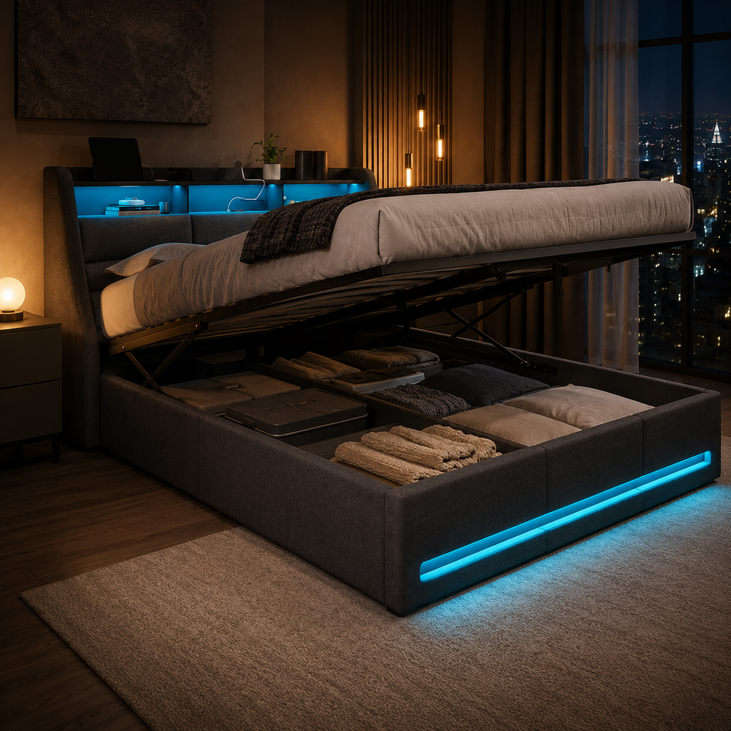 Lit coffre 160x200 rembourré avec sommier relevable, tête de lit rangement LED et USB — Coffrelia Neora