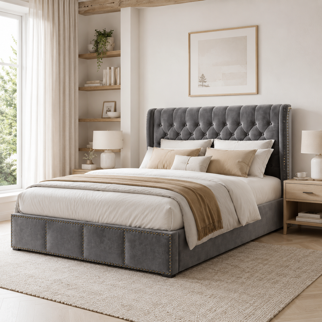 Lit coffre 160x200 en velours avec sommier relevable hydraulique et tête de lit à rivets — Coffrelia Valora