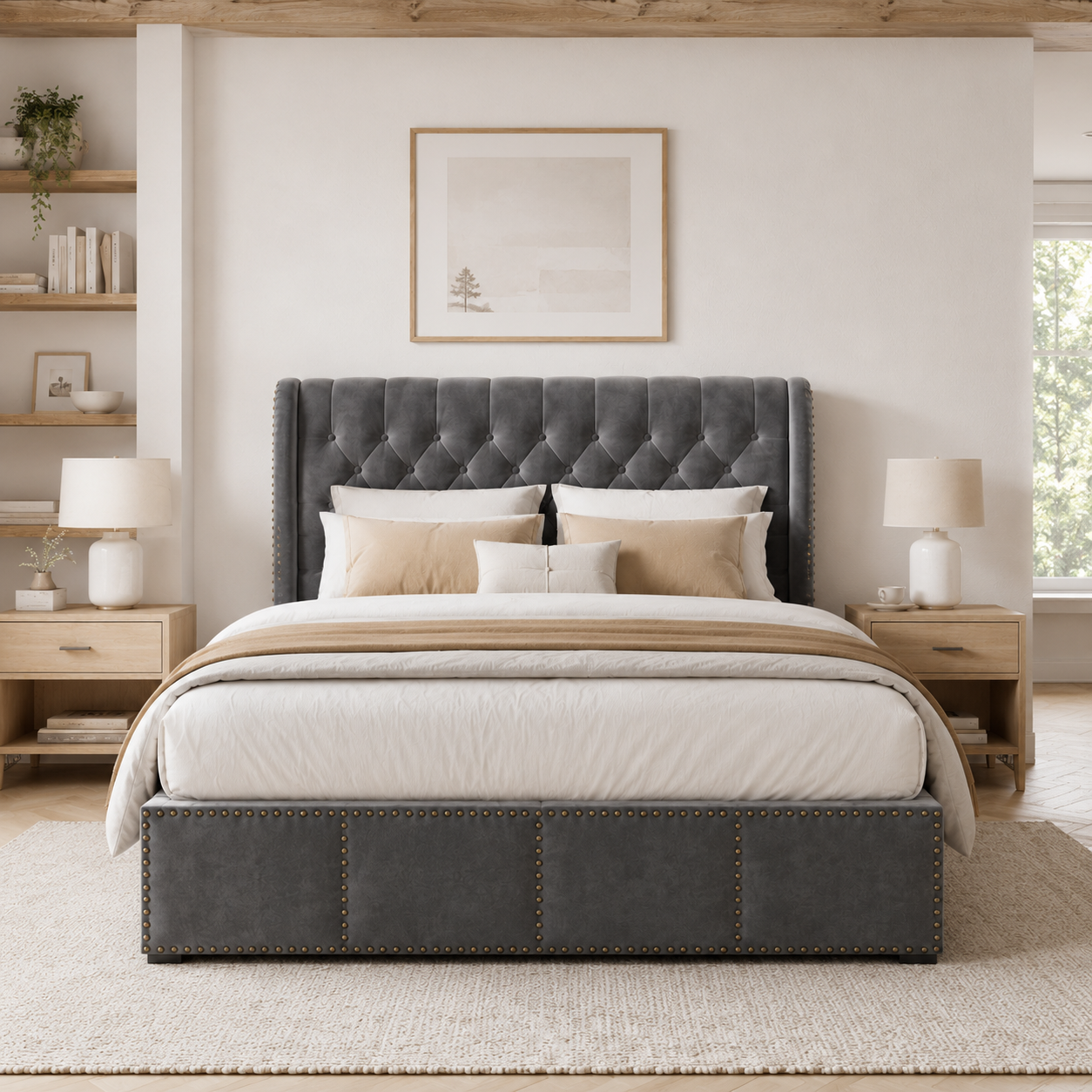 Lit coffre 160x200 en velours avec sommier relevable hydraulique et tête de lit à rivets — Coffrelia Valora