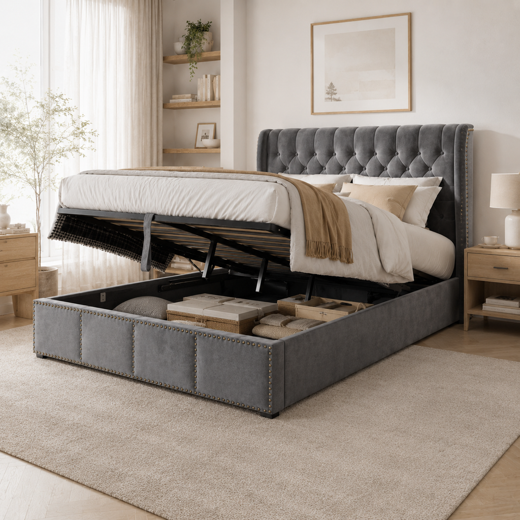 Lit coffre 160x200 en velours avec sommier relevable hydraulique et tête de lit à rivets — Coffrelia Valora