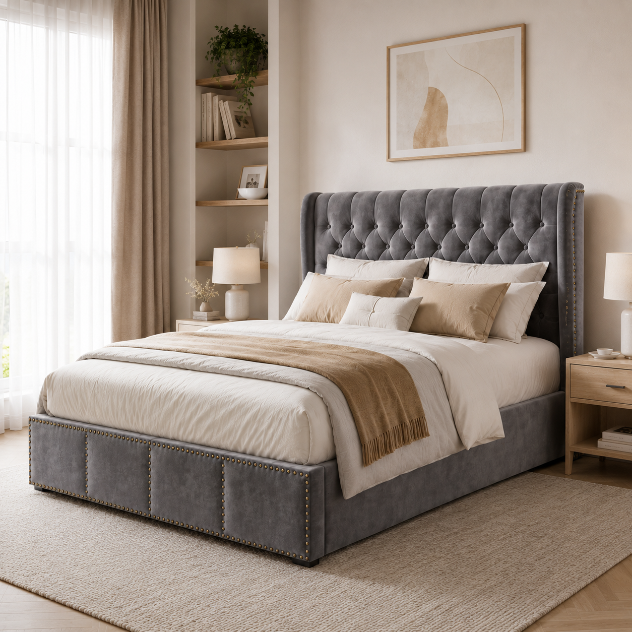 Lit coffre 160x200 en velours avec sommier relevable hydraulique et tête de lit à rivets — Coffrelia Valora