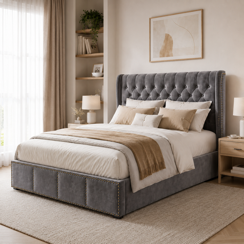 Lit coffre 160x200 en velours avec sommier relevable hydraulique et tête de lit à rivets — Coffrelia Valora