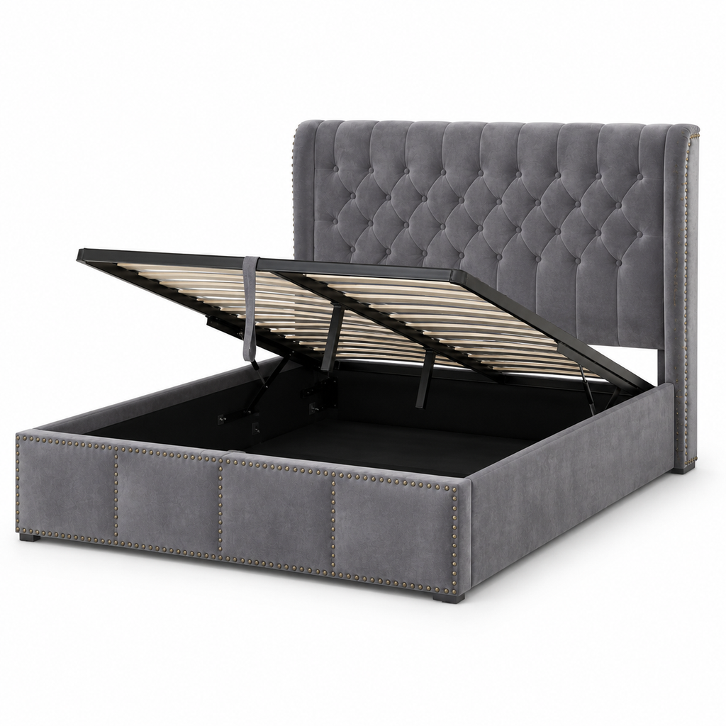 Lit coffre 160x200 en velours avec sommier relevable hydraulique et tête de lit à rivets — Coffrelia Valora