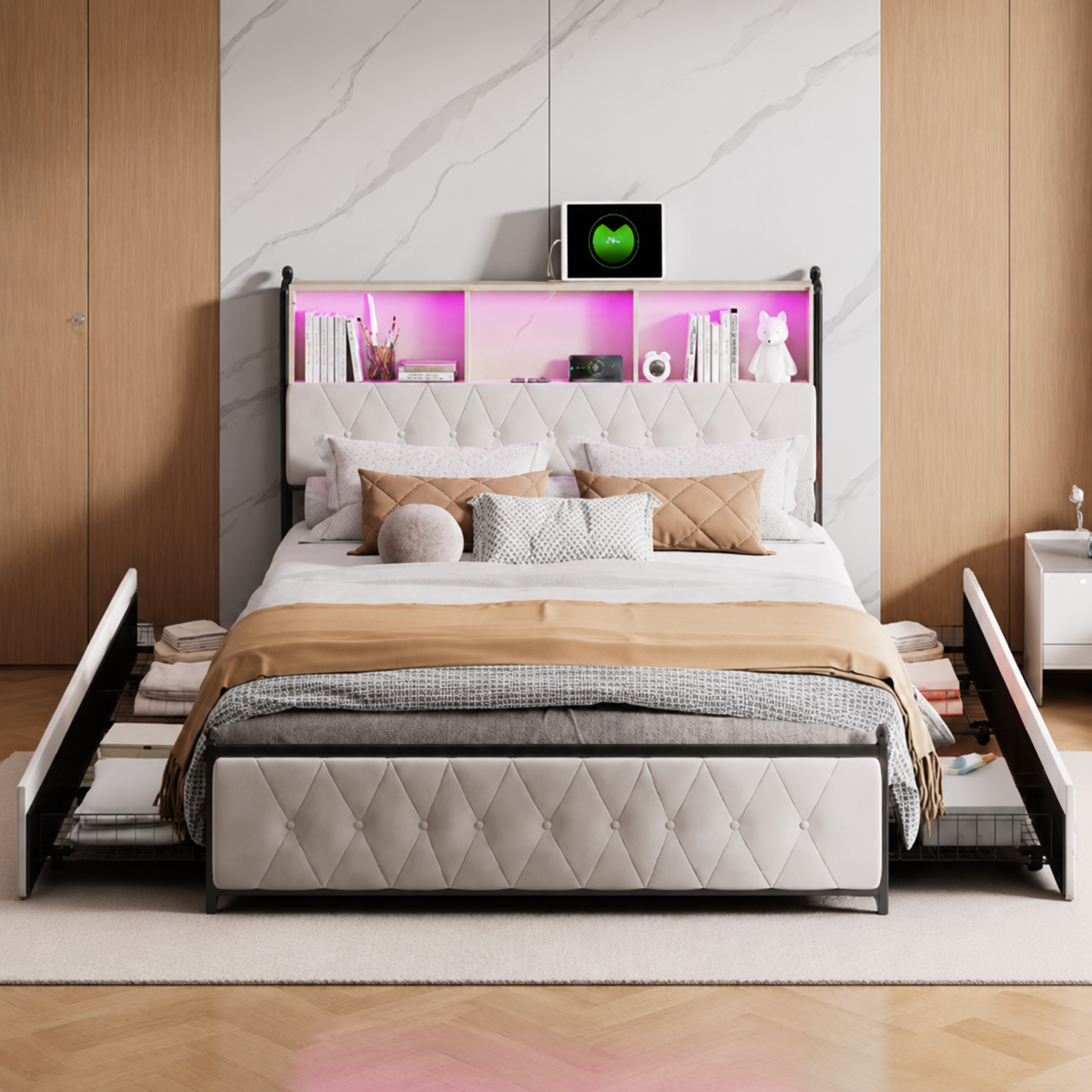 Lit coffre 160x200 beige avec sommier relevable et grand rangement intégré — Coffrelia Nova