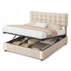 Lit coffre 160x200 beige capitonné avec sommier relevable hydraulique et LED — Coffrelia Sienna