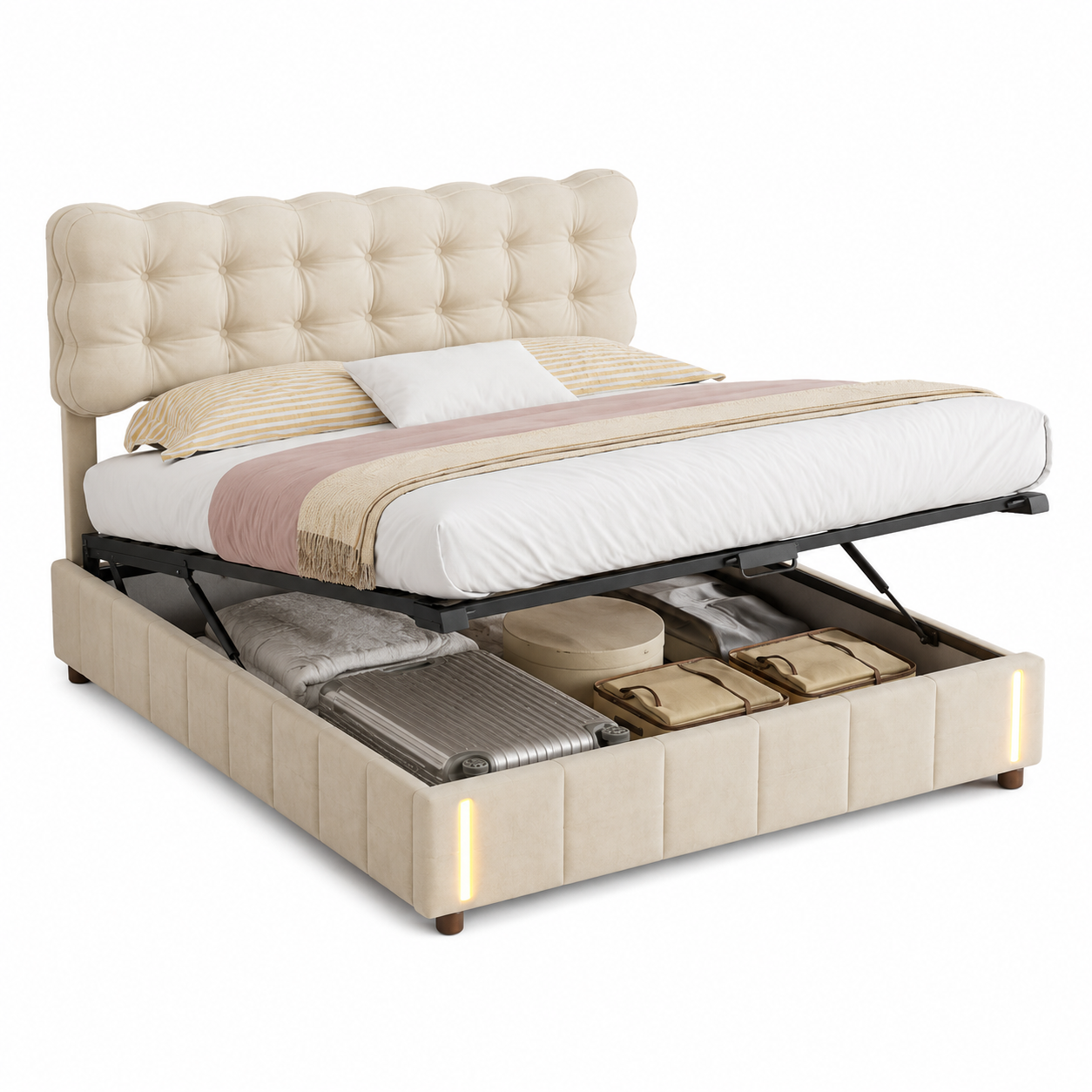 Lit coffre 160x200 beige capitonné avec sommier relevable hydraulique et LED — Coffrelia Sienna