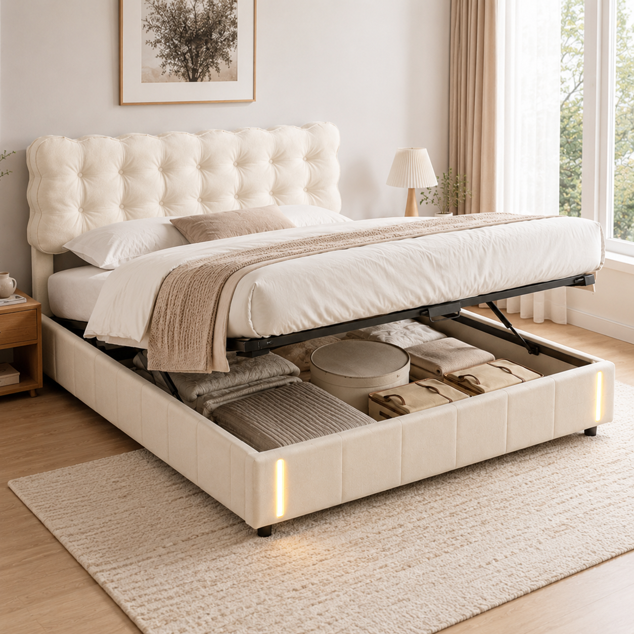 Lit coffre 160x200 beige capitonné avec sommier relevable hydraulique et LED — Coffrelia Sienna