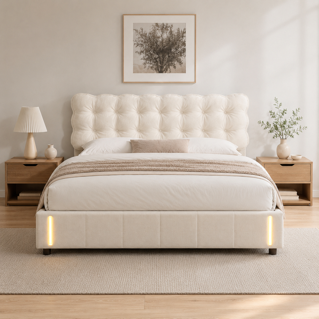 Lit coffre 160x200 beige capitonné avec sommier relevable hydraulique et LED — Coffrelia Sienna
