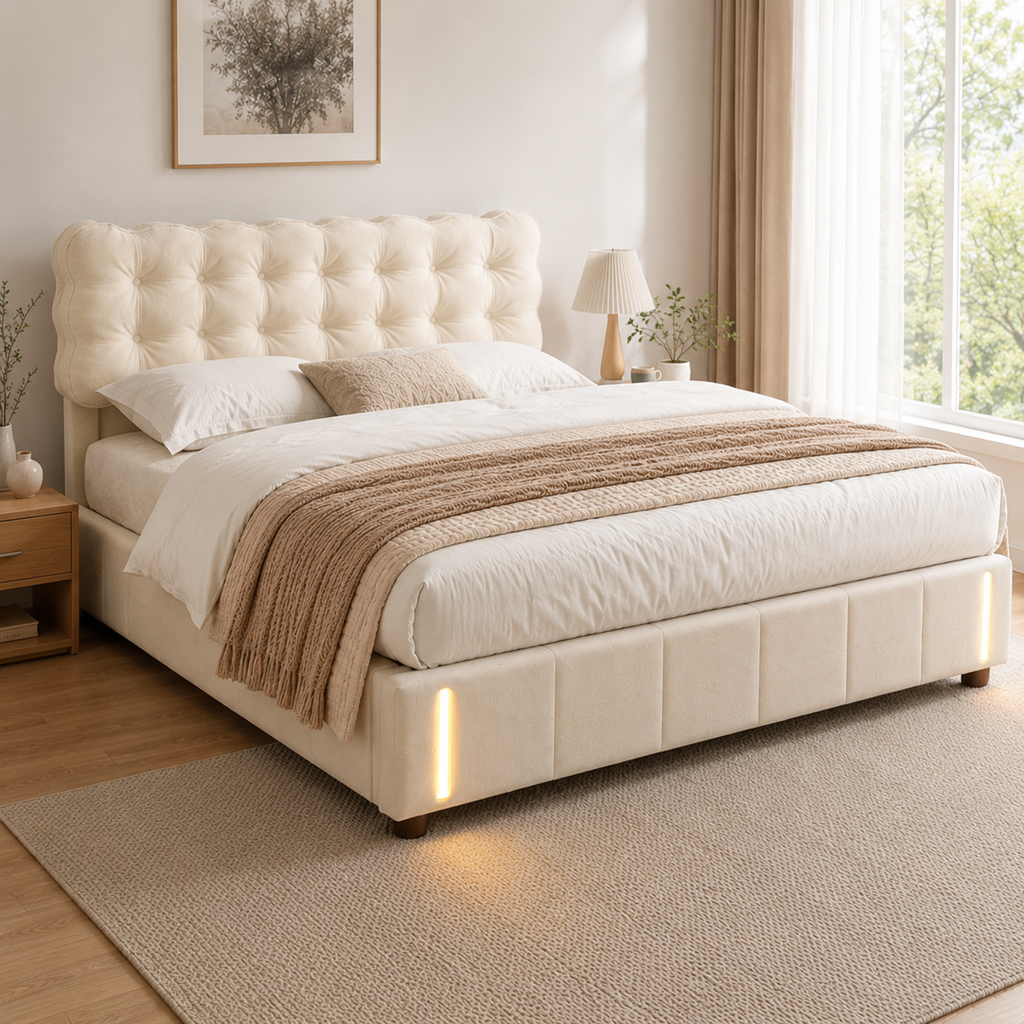 Lit coffre 160x200 beige capitonné avec sommier relevable hydraulique et LED — Coffrelia Sienna