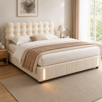 Lit coffre 160x200 beige capitonné avec sommier relevable hydraulique et LED — Coffrelia Sienna
