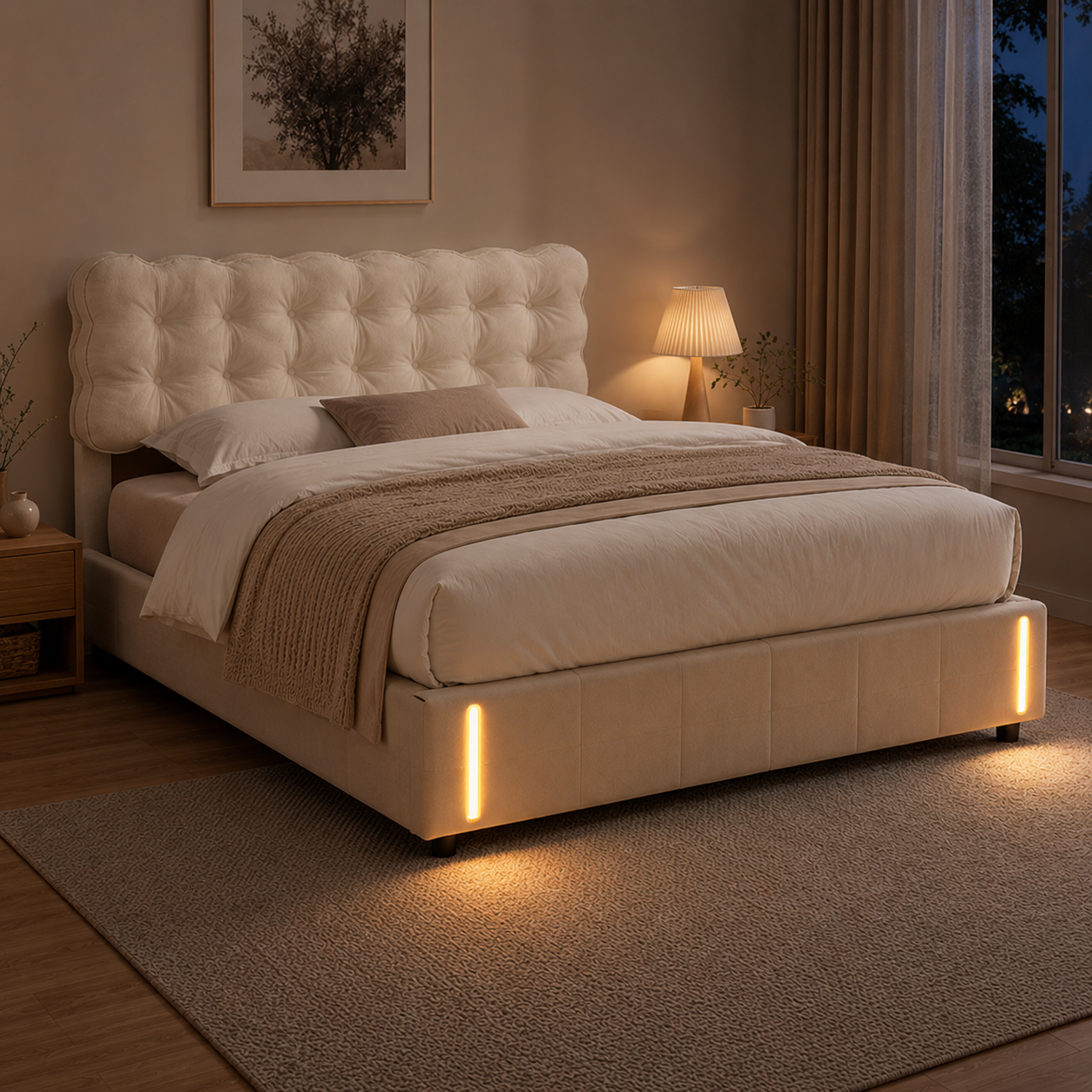 Lit coffre 160x200 beige capitonné avec sommier relevable hydraulique et LED — Coffrelia Sienna