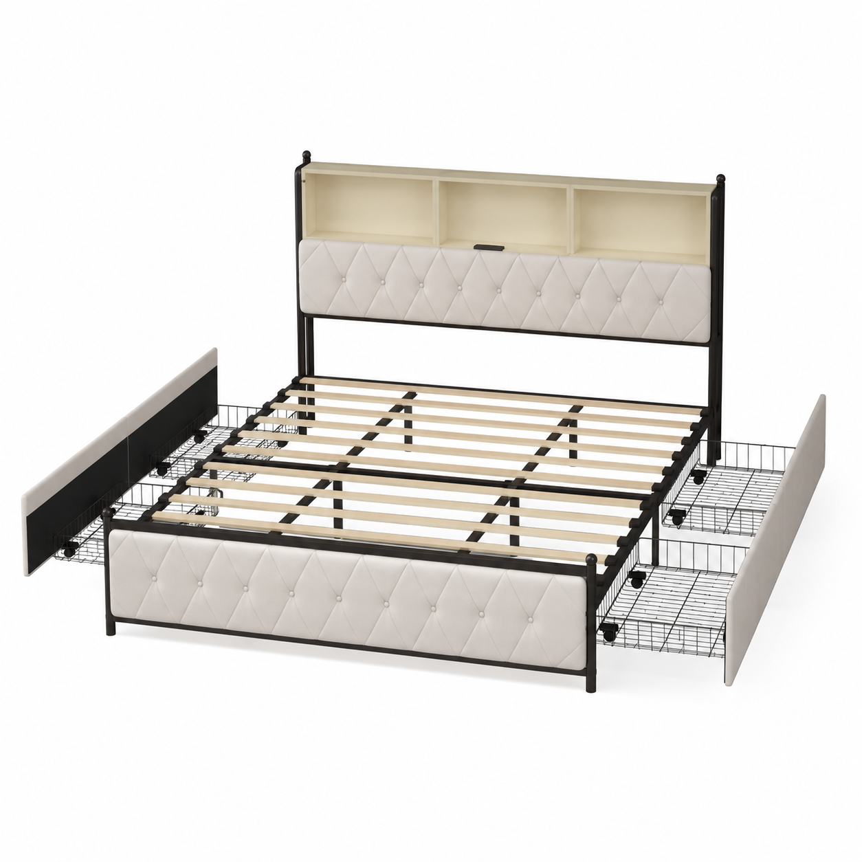 Lit coffre 160x200 beige avec sommier relevable et grand rangement intégré — Coffrelia Nova