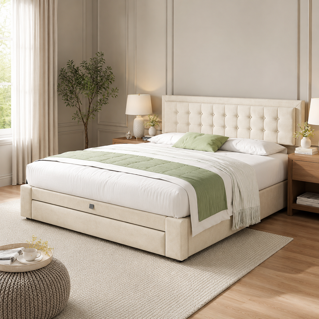 Lit coffre beige capitonné 160x200 avec sommier relevable et tiroir de rangement — Coffrelia Nolia