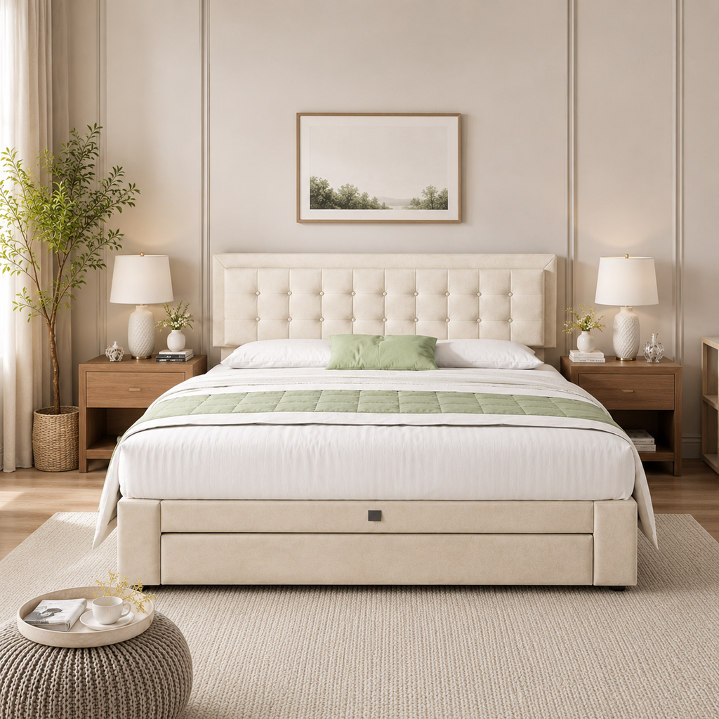 Lit coffre beige capitonné 160x200 avec sommier relevable et tiroir de rangement — Coffrelia Nolia
