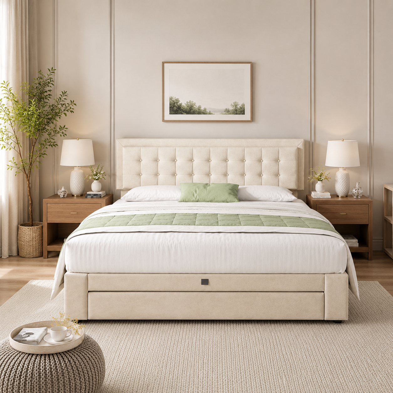 Lit coffre beige capitonné 160x200 avec sommier relevable et tiroir de rangement — Coffrelia Nolia
