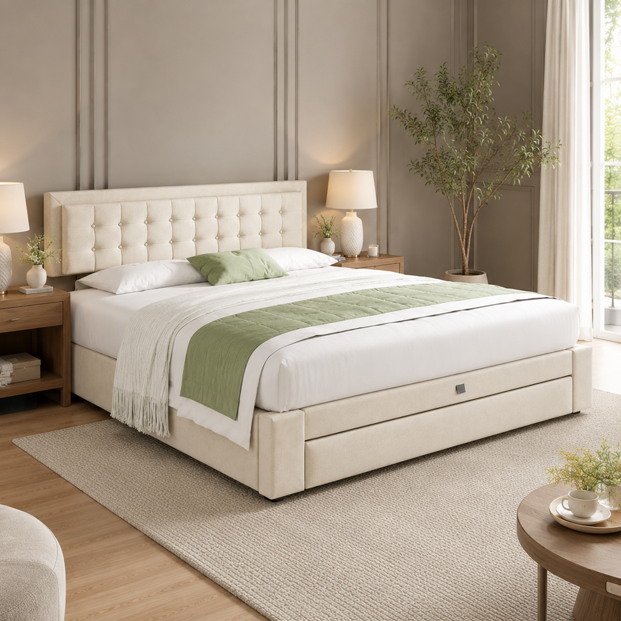 Lit coffre beige capitonné 160x200 avec sommier relevable et tiroir de rangement — Coffrelia Nolia