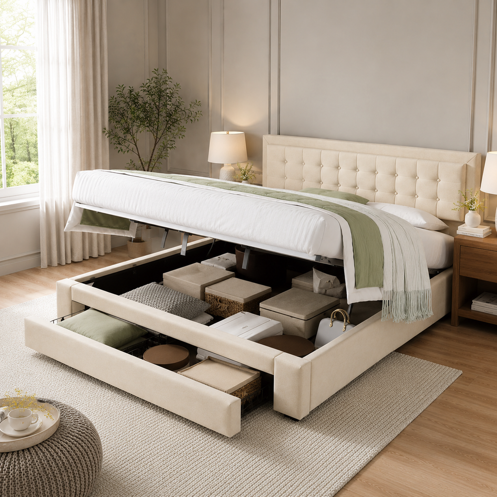 Lit coffre beige capitonné 160x200 avec sommier relevable et tiroir de rangement — Coffrelia Nolia