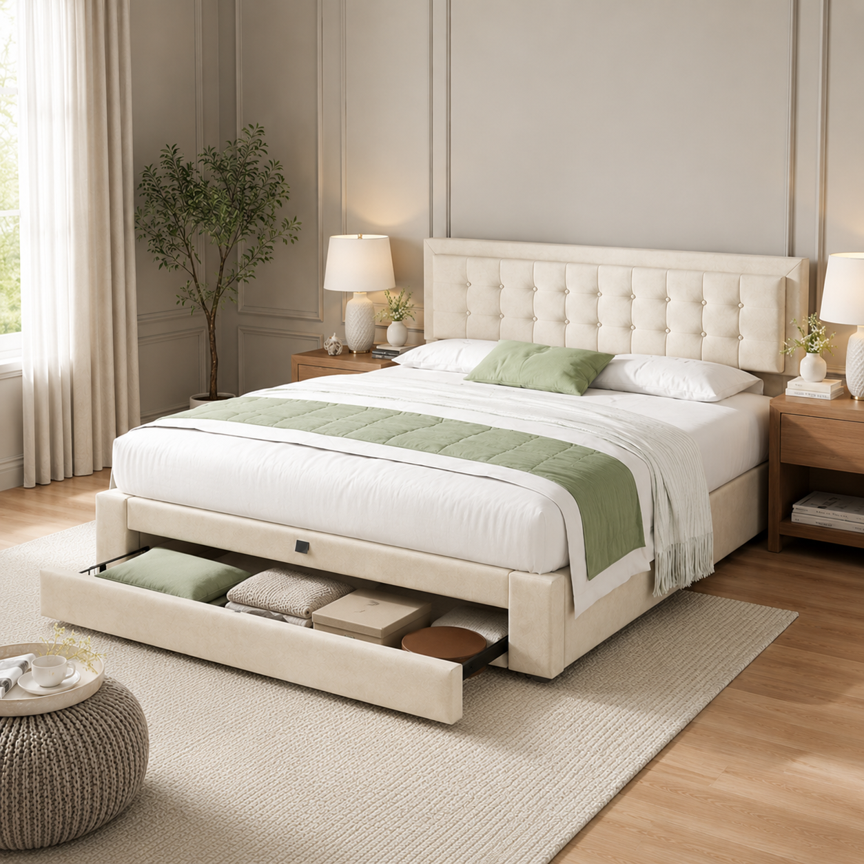Lit coffre beige capitonné 160x200 avec sommier relevable et tiroir de rangement — Coffrelia Nolia
