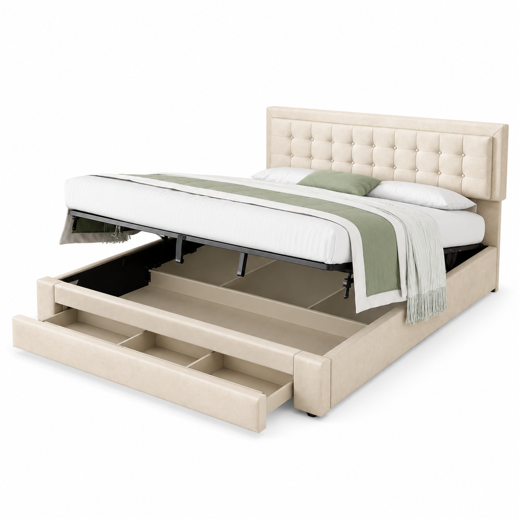 Lit coffre beige capitonné 160x200 avec sommier relevable et tiroir de rangement — Coffrelia Nolia
