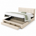 Lit coffre beige capitonné 160x200 avec sommier relevable et tiroir de rangement — Coffrelia Nolia