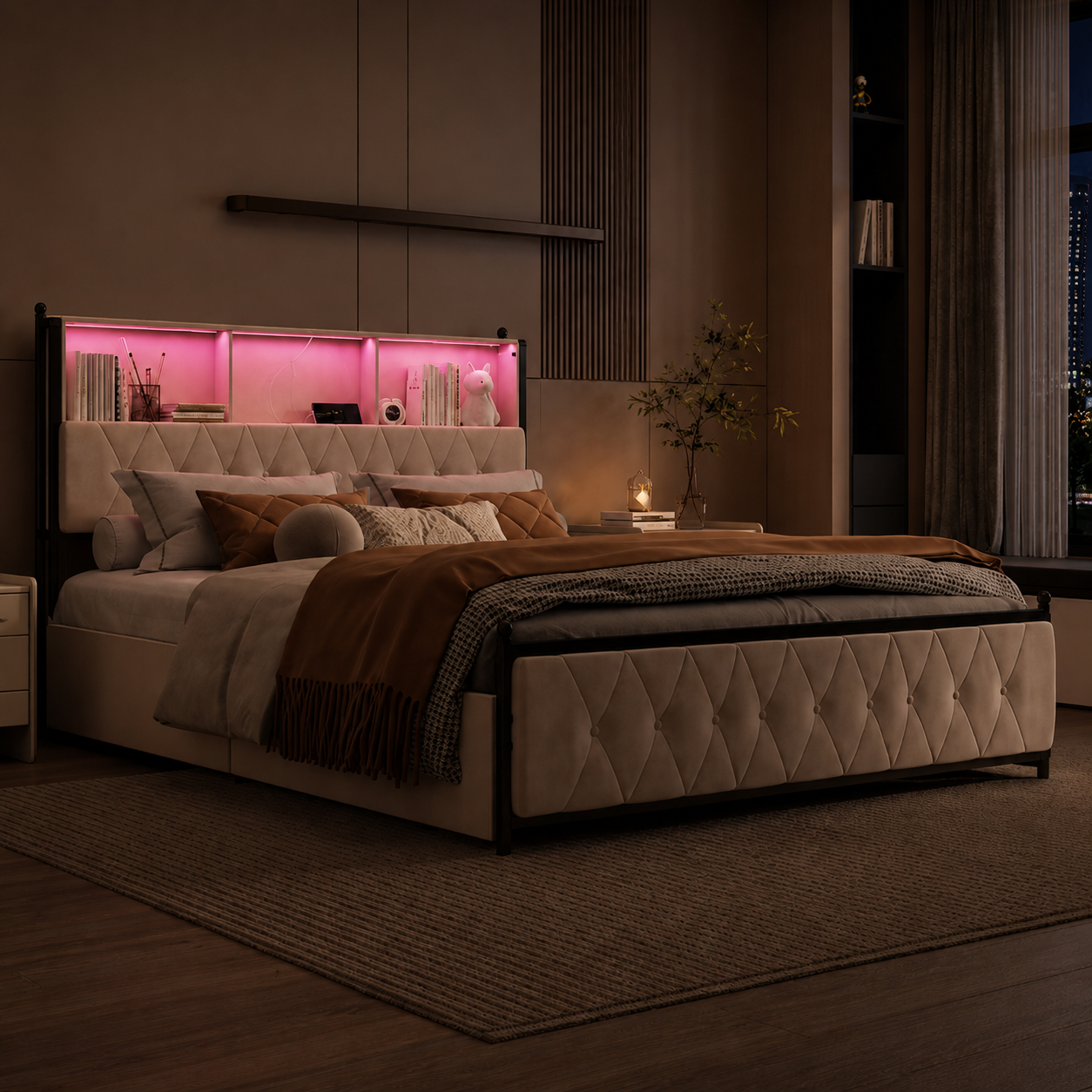 Lit coffre 160x200 beige avec sommier relevable et grand rangement intégré — Coffrelia Nova